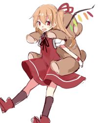 Rule 34 | 1girl, black socks, blonde hair, boots, bow, dress, fang, flandre scarlet, hair between eyes, hair bow, holding, holding toy, neck ribbon, open mouth, paragasu (parags112), red bow, red dress, red eyes, red footwear, ribbon, short sleeves, side ponytail, simple background, socks, solo, stuffed animal, stuffed toy, teddy bear, touhou, toy, white background