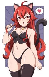 Rule 34 | 1girl, absurdres, abysswatchers, animal ears, black bra, black thighhighs, blush, bra, breasts, cat ears, cat tail, cleavage, emphasis lines, eris greyrat, eyebrows hidden by hair, fake animal ears, fake tail, hair between eyes, heart, highleg, highleg panties, highres, jewelry, long hair, looking at viewer, medium breasts, mushoku tensei, nail polish, necklace, open mouth, panties, playing with own hair, red eyes, red hair, shiny skin, simple background, skindentation, solo, speech bubble, spoken heart, tail, thick thighs, thighhighs, thighs, underwear