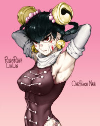 Rule 34 | 1girl, armpits, arms behind head, arms up, bell, bell earrings, black hair, blood, braid, breasts, covered navel, earrings, highres, hip focus, jewelry, large breasts, lin lin (one-punch man), medium breasts, monochrome, one-punch man, pelvic curtain, plaster, scarf, sideboob, solo, sweat, the golden smurf, twin braids, twintails