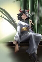 Rule 34 | 1girl, animal ears, bamboo, black hair, commentary request, cow ears, cow horns, full body, highres, holding, holding smoking pipe, horns, japanese clothes, kimono, kulukulu3333, long sleeves, multicolored hair, outdoors, red horns, sash, sitting, smoking pipe, solo, split-color hair, touhou, ushizaki urumi, white hair, white kimono