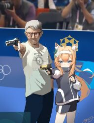 1boy 1girl 2024_summer_olympics aiming animal_ear_fluff blue_archive blue_eyes cowboy_shot dan_nako flower glasses gun gym_shirt gym_shorts gym_uniform hair_flower hair_ornament hairband halo hand_up handgun highres holding holding_gun holding_weapon jacket mari_(blue_archive) mari_(track)_(blue_archive) multicolored_clothes multicolored_jacket official_alternate_costume olympics orange_hair photo-referenced schale_logo shirt shorts signature thighs track_jacket two-tone_jacket weapon white_flower white_hairband white_shirt yellow_halo yusuf_dikec