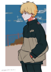 Rule 34 | 1boy, absurdres, bags under eyes, blonde hair, breath, chainsaw man, commentary request, denji (chainsaw man), fence, from side, gurukousu, hands in pockets, highres, male focus, orange eyes, profile, solo, sweater, translation request, upper body