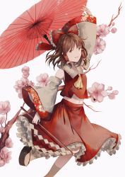 Rule 34 | 1girl, arcalyx, arm up, ascot, bare shoulders, bow, brown eyes, brown hair, cherry blossoms, detached sleeves, feet out of frame, floral print, frilled bow, frilled shirt collar, frilled skirt, frills, gohei, hair bow, hair tubes, hakurei reimu, highres, looking at viewer, oil-paper umbrella, skirt, skirt set, smile, solo, touhou, umbrella, white background, wide sleeves, yellow ascot