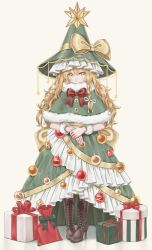 Rule 34 | 1girl, alternate costume, back bow, blonde hair, boots, bow, bowtie, braid, brown footwear, capelet, christmas, christmas tree costume, commentary, covered mouth, dress, frills, full body, fur trim, gift, green capelet, green dress, hair ribbon, hat, hat bow, high heels, highres, kirisame marisa, long hair, looking at viewer, ornament, pigeon-toed, red bow, red bowtie, ribbon, side braid, simple background, single braid, solo, standing, star (symbol), striped, striped bow, torinari (dtvisu), touhou, tress ribbon, wavy hair, white background, white ribbon, wrist cuffs, yellow bow, yellow eyes