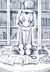 Rule 34 | 10s, 1girl, absurdres, blue theme, book, bookmark, bookshelf, coat, food, highres, japari bun, japari symbol, kemono friends, long sleeves, looking at viewer, magnifying glass, monochrome, multicolored hair, northern white-faced owl (kemono friends), open book, pot, sitting, smile, solo, uepon (shimo ponzu), wariza
