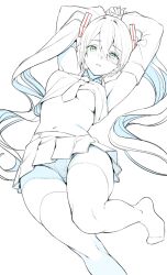 Rule 34 | 1girl, arms up, breasts, cleavage, collared shirt, detached sleeves, green eyes, hair ornament, hatsune miku, long hair, looking at viewer, lying, necktie, nyatabe, on back, open mouth, partially colored, pleated skirt, shirt, simple background, sketch, skirt, solo, thighhighs, twintails, underboob, very long hair, vocaloid, white background