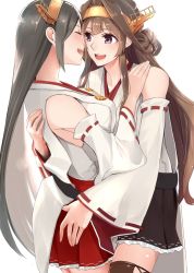 Rule 34 | 10s, 2girls, bare shoulders, black hair, blush, brown hair, camel000, commentary request, detached sleeves, double bun, closed eyes, hair ornament, hairband, haruna (kancolle), headgear, hug, japanese clothes, kantai collection, kongou (kancolle), long hair, multiple girls, nontraditional miko, pleated skirt, ribbon-trimmed sleeves, ribbon trim, round teeth, simple background, skirt, smile, teeth, white background, yuri