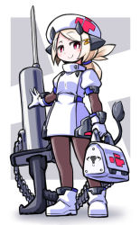 Rule 34 | 1girl, animal ears, bag, blonde hair, cow ears, cow girl, cow horns, cow tail, dress, exice-zero, gloves, hat, highres, holding, holding bag, horns, kugelschreiber, large syringe, looking at viewer, nurse, nurse cap, original, oversized object, pantyhose, red eyes, smile, solo, syringe, tail, weapon