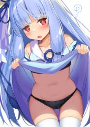 Rule 34 | 1girl, ?, @ @, bad id, bad pixiv id, black bra, black thighhighs, blue dress, blue hair, blue ribbon, blue sleeves, blunt bangs, blush, bow, bow panties, bra, bra peek, breasts, cameltoe, clothes lift, collarbone, commentary request, detached sleeves, dress, dress lift, hair ornament, hair ribbon, hip focus, hypnosis, kotonoha aoi, lifted by self, long hair, looking at viewer, mind control, navel, open mouth, panties, piyodesu, red eyes, ribbon, sidelocks, simple background, skindentation, small breasts, solo, thigh gap, thighhighs, underwear, very long hair, voiceroid, white background, white thighhighs