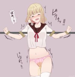 Rule 34 | 1girl, bdsm, blonde hair, blunt bangs, blush, bondage, bound, bow, bow panties, breasts, breath, brown sailor collar, clenched hands, closed eyes, collarbone, cowboy shot, embarrassed, female focus, frilled panties, frills, hands up, have to pee, japanese text, medium breasts, neck ribbon, nose blush, open mouth, original, panties, peeing, peeing self, pink panties, pole, purple background, red ribbon, ribbon, rope, sailor collar, school uniform, serafuku, shirt, short hair, short sleeves, simple background, skindentation, solo, speech bubble, standing, striped clothes, striped panties, tears, teeth, thigh gap, thighhighs, tokumeiyade, translation request, trembling, underwear, wet, wet clothes, wet panties, white shirt, white thighhighs