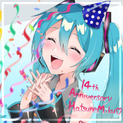 Rule 34 | 1girl, anniversary, aqua hair, bare shoulders, blush, character name, closed eyes, commentary request, detached sleeves, hair between eyes, hair ornament, hat, hatsune miku, interlocked fingers, long hair, open mouth, party hat, simple background, smile, solo, supo01, tears, teeth, twintails, upper body, upper teeth only, vocaloid