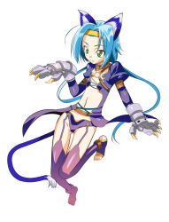 Rule 34 | 1girl, :3, animal ears, anklet, barefoot, blue hair, cat ears, cat tail, flat chest, green eyes, headband, jewelry, meracle chamlotte, navel, o-ring, revealing clothes, solo, star ocean, star ocean the last hope, stirrup legwear, tail, takase hironori, thighhighs, toeless legwear, toes