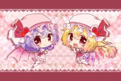 Rule 34 | 2girls, :d, bat wings, blonde hair, blush, chibi, commentary request, crystal wings, dress, eyes visible through hair, fang, flandre scarlet, food, fruit, full body, hair between eyes, hat, hat ribbon, highres, looking at viewer, misosiru 0224, mob cap, multiple girls, open mouth, pink dress, pink headwear, plaid, plaid background, print ribbon, print skirt, puffy short sleeves, puffy sleeves, purple hair, red eyes, red footwear, red ribbon, red skirt, red vest, remilia scarlet, ribbon, shoes, short hair, short sleeves, side ponytail, skirt, smile, socks, strawberry, strawberry background, strawberry hat ornament, touhou, vest, white headwear, white socks, wings