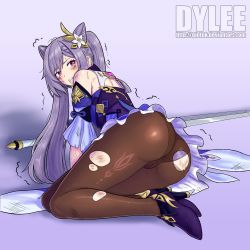 Rule 34 | 1girl, all fours, ass, bare shoulders, blush, breasts, bruise, cameltoe, clenched teeth, dress, dylee, from behind, genshin impact, gloves, hair ornament, high heels, highres, injury, keqing (genshin impact), long hair, looking back, panties, panties under pantyhose, pantyhose, purple eyes, purple hair, shiny clothes, shiny skin, short dress, sideboob, skirt, solo, sword, teardrop, tears, teeth, torn clothes, torn pantyhose, trembling, twintails, underwear, very long hair, vision (genshin impact), weapon