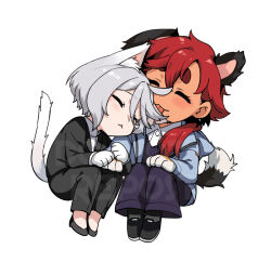 Rule 34 | 2girls, animal ears, animal hands, black footwear, black jacket, black pants, blue jacket, cat ears, cat girl, cat tail, chibi, closed eyes, closed mouth, collared shirt, commentary request, dog ears, dog girl, dog tail, full body, gundam, gundam suisei no majo, head on another&#039;s shoulder, holding hands, jacket, kemonomimi mode, licking, long sleeves, miorine rembran, mitsu (tendou itsuki), multiple girls, pants, red hair, shirt, short hair, simple background, sitting, suletta mercury, tail, thick eyebrows, tongue, tongue out, white background, white hair, white shirt, yuri