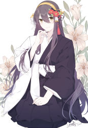 Rule 34 | 1girl, alternate costume, black hair, costume request, flower, hair between eyes, hair flower, hair ornament, haruna (kancolle), headgear, highres, ieufg, jewelry, kantai collection, long hair, looking at viewer, ring, simple background, sitting, solo, wedding band, white background, yellow eyes
