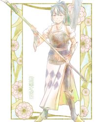 Rule 34 | 1girl, armor, armored boots, bamboo, blue eyes, blue hair, boots, fire emblem, fire emblem fates, flag, flower, japanese clothes, long hair, matching hair/eyes, nintendo, oboro (fire emblem), ponytail, solo, tico, white background