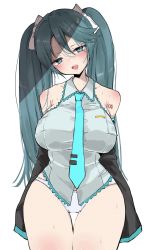 Rule 34 | 1girl, aqua eyes, aqua hair, aqua necktie, bare shoulders, breasts, chigasaki yukari, curvy, hatsune miku, highres, large breasts, long hair, looking at viewer, necktie, open mouth, panties, pants, ribbon, simple background, sleeveless, smile, solo, sweat, tattoo, tie clip, twintails, underwear, vocaloid, white background, white panties, white ribbon, wide hips