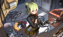 Rule 34 | 1girl, ahoge, black shirt, breasts, cable, clay (clayjun), clothes around waist, cowboy shot, de lacey (neural cloud), from above, girls&#039; frontline, girls&#039; frontline neural cloud, gloves, green eyes, hair between eyes, hand on own chin, highres, jacket, jacket around waist, large breasts, mechanical arms, mechanical tail, mole, mole under mouth, purple eyes, shirt, shorts, single mechanical arm, solo, star-shaped pupils, star (symbol), symbol-shaped pupils, tail, weibo watermark, yellow jacket
