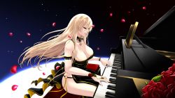 Rule 34 | 1girl, alt3r, alternate costume, azur lane, bare shoulders, bismarck (azur lane), blonde hair, breasts, cleavage, commentary, english commentary, closed eyes, highres, instrument, large breasts, long hair, petals, piano, rose petals