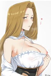 Rule 34 | 1girl, absurdres, artist name, blush, commentary, covered erect nipples, english commentary, forehead, from side, hand up, heart, heavy breathing, highres, light brown hair, long sleeves, methode (sousou no frieren), micchan (micchanmeido), nipples, no bra, nostrils, one breast out, parted lips, purple eyes, simple background, solo, sousou no frieren, upper body, white background