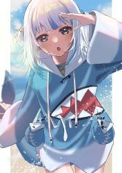 Rule 34 | 1girl, 3xens, beach, blue eyes, blue hair, blue hoodie, blurry, blurry background, blush, cloud, cloudy sky, eyelashes, fins, fish tail, gawr gura, gawr gura (1st costume), gradient clothes, grey hair, highres, hololive, hololive english, hood, hood down, hoodie, long eyelashes, long hair, looking at viewer, multicolored hair, ocean, open mouth, pouch, sand, shark tail, sky, solo, streaked hair, tail, twintails, virtual youtuber, wet, zipper pull tab