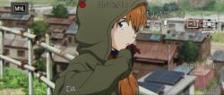 Rule 34 | 1boy, 1girl, aida kensuke, blush, brown hair, camera, covering face, day, embarrassed, evangelion: 3.0+1.0 thrice upon a time, eyepatch, green jacket, hand up, highres, hood, hood up, hooded jacket, house, jacket, long hair, looking at viewer, neon genesis evangelion, rebuild of evangelion, recording, screencap, solo, souryuu asuka langley, standing