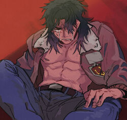 Rule 34 | 1boy, abs, belt, black belt, black eyes, black hair, blue pants, bomber jacket, brown jacket, bruise, clenched teeth, commentary request, crying, crying with eyes open, denim, feet out of frame, fingernails, hair between eyes, hair over one eye, highres, injury, inudori, itou kaiji, jacket, jeans, kaiji, long bangs, long hair, looking at viewer, male focus, nipples, no shirt, open clothes, open jacket, pants, parted bangs, red background, solo, tears, teeth