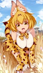 Rule 34 | 10s, 1girl, :d, all fours, animal ears, bare shoulders, blonde hair, blue sky, bow, bowtie, breasts, cloud, collarbone, day, elbow gloves, gloves, hanging breasts, highres, kemono friends, large breasts, lips, looking at viewer, mountain, open mouth, outdoors, psychopath idiot, savannah, serval (kemono friends), serval print, serval tail, shirt, skirt, sky, sleeveless, smile, solo, tail, thighhighs, yellow eyes, zettai ryouiki