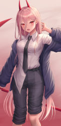 Rule 34 | 1girl, absurdres, asymmetrical pants, black necktie, black pants, blue jacket, breasts, chainsaw man, collared shirt, commentary request, cross-shaped pupils, hair between eyes, highres, holding, horns, jacket, long hair, long sleeves, looking at viewer, medium breasts, necktie, off shoulder, open clothes, open jacket, open mouth, pants, pink hair, power (chainsaw man), puffy long sleeves, puffy sleeves, red eyes, seungju lee, sharp teeth, shirt, shirt partially tucked in, sleeves past wrists, solo, standing, symbol-shaped pupils, teeth, v-shaped eyebrows, very long hair, white shirt
