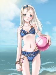 Rule 34 | 1girl, ball, bare shoulders, beach, beachball, bikini, blonde hair, blue eyes, blush, bracelet, closed mouth, cloud, collarbone, eyebrows, eyelashes, female focus, frilled bikini, frilled panties, frills, hairband, holding, holding ball, jewelry, kanzaki naoya, legs together, long hair, looking at viewer, navel, nose, ocean, original, outdoors, panties, short eyebrows, sky, solo, standing, swimsuit, thigh gap, thighs, underwear
