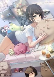 Rule 34 | 1girl, absurdres, ajapar, badge, black hair, blue shorts, button badge, denim, denim shorts, doll, dutch angle, green eyes, highres, indoors, looking at viewer, lying, magnifying glass, manga (object), on bed, on stomach, original, shirt, shorts, smile, solo, stuffed animal, stuffed cat, stuffed dog, stuffed toy, white shirt