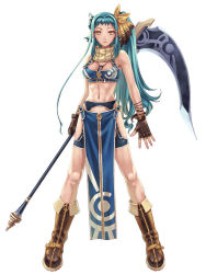 Rule 34 | 1girl, blazing souls, blue hair, boots, breasts, carla (blazing souls), cleavage, expressionless, fingerless gloves, full body, gloves, hair ribbon, hirano katsuyuki, knee boots, long hair, medium breasts, official art, ribbon, scarf, scythe, side ponytail, solo, spectral (series), tabard, white background, yellow eyes