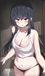 1girl armpit_crease bare_arms bare_shoulders black_hair black_panties blue_eyes blush breasts cleavage collarbone commission cowboy_shot crop_top frown halterneck heavy_breathing highres jageungansik long_hair looking_at_viewer medium_breasts navel no_pants open_mouth original panties second-party_source shirt sleeveless sleeveless_shirt solo standing stomach sweat underwear v-shaped_eyebrows wavy_mouth white_shirt