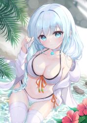 Rule 34 | 1girl, bare shoulders, bemani, bikini, blue eyes, blue hair, braid, breasts, choker, cleavage, flower, from above, halterneck, head tilt, hibiscus, highres, hiyuki-chan, hood, large breasts, light blue hair, long hair, looking at viewer, mikaze oto, navel, open clothes, partially submerged, silver hair, solo, sound voltex, swimsuit, thigh gap, thighhighs, very long hair, water, wet, white thighhighs