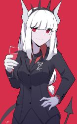 Rule 34 | 1girl, absurdres, alcohol, black jacket, black necktie, black pants, closed mouth, collared shirt, cowboy shot, cup, demon girl, demon horns, demon tail, drinking glass, formal, gar32, gloves, grey gloves, hand on own hip, helltaker, highres, holding, holding cup, horns, jacket, long hair, long sleeves, looking at viewer, low-tied long hair, lucifer (helltaker), mole, mole under eye, necktie, pants, red background, red eyes, red shirt, red wine, ringed eyes, shirt, signature, simple background, smile, solo, suit, tail, white hair, wine, wine glass, wing collar