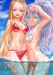 Rule 34 | 2girls, arm around waist, arm up, bikini, blonde hair, blue sky, blush, breasts, closed mouth, cloud, cloudy sky, commentary, day, elf, eyelashes, green eyes, groin, half-closed eyes, halterneck, highres, kein hasegawa, long hair, looking at viewer, medium breasts, multi-strapped bikini, multiple girls, navel, open mouth, original, outdoors, partially underwater shot, pointy ears, ponytail, red bikini, shading eyes, shiny skin, side-by-side, sky, smile, standing, swimsuit, very long hair, water, white bikini, white hair, yellow eyes