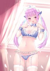 Rule 34 | 1girl, :d, anchor print, blush, bow, bow bra, bowtie, bra, breasts, breasts apart, cross-laced clothes, cross-laced panties, curtains, detached collar, fingers to cheeks, frilled bra, frills, garter belt, garter straps, gluteal fold, hair bow, harada haruki, headdress, highres, hololive, long hair, maid headdress, medium breasts, minato aqua, multicolored hair, navel, open mouth, panties, panties over garter belt, petals, purple bow, purple bowtie, purple bra, purple eyes, purple panties, see-through, sidelocks, skindentation, smile, solo, streaked hair, thighhighs, twintails, two-tone hair, underwear, underwear only, virtual youtuber, white thighhighs, window, wrist cuffs