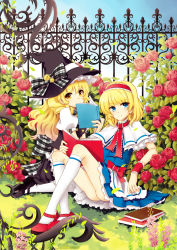 Rule 34 | 2girls, alice margatroid, alinna yun, apron, ass, bell, black dress, blonde hair, blue dress, blue eyes, book, bow, bush, buttons, capelet, covering own mouth, dress, female focus, fence, flower, garden, hairband, hat, hat bow, holding, holding book, ironwork, kirisame marisa, kneehighs, knees up, long hair, looking at viewer, mary janes, multiple girls, on ground, open book, outdoors, petticoat, pink flower, pink rose, plaid, plaid bow, plant, puffy short sleeves, puffy sleeves, red bow, red flower, red footwear, red ribbon, red rose, ribbon, rose, shoes, short dress, short hair, short sleeves, sitting, smile, socks, touhou, waist apron, wavy hair, white legwear, witch, witch hat, wrist cuffs, wristband, yellow eyes