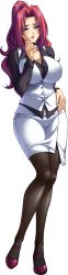 Rule 34 | 1girl, absurdres, bishop (company), breasts, choker, colored skin, full body, game cg, hand on own hip, hand on own chin, highres, kagami hirotaka, large breasts, long hair, long image, mesu kyoushi 3, mole, mole on breast, office lady, pantyhose, pink hair, ponytail, purple eyes, red hair, solo, standing, tachi-e, tall image, transparent background, white skin, yoshii touko
