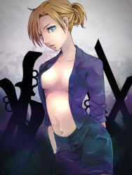 Rule 34 | 1girl, annie leonhart, bad id, bad pixiv id, blonde hair, blue eyes, breasts, cleavage, collarbone, emblem, head tilt, jacket, long sleeves, looking at viewer, mono (sisyamo1210), navel, no bra, open clothes, open jacket, open mouth, open shirt, shingeki no kyojin, shirt, short hair, sidelocks, solo, sword, weapon
