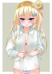 Rule 34 | 1girl, absurdres, blonde hair, blue bra, blue eyes, blue hair, blue panties, blush, bow, bow bra, bra, braid, breasts, cacao (chocolat), closed mouth, collarbone, collared shirt, commentary request, dress shirt, gluteal fold, grey background, groin, hair between eyes, highres, long hair, long sleeves, maron-chan, multicolored hair, original, panties, shirt, small breasts, solo, two-tone background, two-tone hair, underwear, undressing, very long hair, white background, white shirt