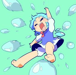 Rule 34 | 1girl, :d, = =, aqua background, arm up, bad id, bad twitter id, barefoot, bloomers, blue dress, blue hair, blush stickers, bow, bowtie, cirno, closed eyes, dress, from below, full body, ice, ice wings, moyazou (kitaguni moyashi seizoujo), open mouth, outstretched arm, puffy short sleeves, puffy sleeves, red bow, red bowtie, short hair, short sleeves, smile, solo, touhou, underwear, wings, |d