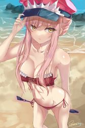 Rule 34 | 1girl, bare shoulders, beach, bikini, breasts, cleavage, collarbone, day, fate/grand order, fate (series), groin, hat, highres, holding, holding riding crop, kesoshirou, long hair, medb (fate), navel, ocean, outdoors, pink hair, red bikini, riding crop, solo, swimsuit, whip, yellow eyes