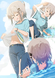 1girl blue_shirt blush bracelet commentary_request denim green_eyes grey_hair hair_ornament hairclip jeans jewelry multiple_views navel one_eye_closed open_mouth outdoors pants ryuuma_(norinori_taruto) shirt short_hair smile solo stomach water wet wide_sleeves yama_no_susume yukimura_aoi