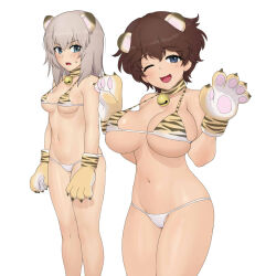 Rule 34 | 2girls, akaboshi koume, animal ears, animal hands, animal print, bell, bikini, blue eyes, blush, breasts, brown hair, choker, commentary request, embarrassed, frown, girls und panzer, gloves, grey hair, groin, half-closed eye, halterneck, highres, itsumi erika, jingle bell, large breasts, looking at viewer, medium hair, multiple girls, navel, neck bell, one eye closed, open mouth, orange bikini, orange choker, paw gloves, print bikini, print choker, short hair, simple background, skindentation, small breasts, smile, standing, sweatdrop, swimsuit, tiger ears, tiger print, wata do chinkuru, waving, wavy hair, white background