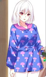 Rule 34 | 1girl, i eat soft rice in another world, long hair, looking at viewer, open mouth, pijama, red eyes, white hair, yuewa min