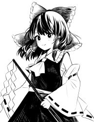 Rule 34 | 1girl, ascot, bow, closed mouth, commentary, detached sleeves, gohei, greyscale, hair bow, hair tubes, hakurei reimu, hanokami, highres, looking at viewer, medium hair, monochrome, ribbon-trimmed sleeves, ribbon trim, shide, shirt, sidelocks, simple background, skirt, smile, solo, touhou, wide sleeves