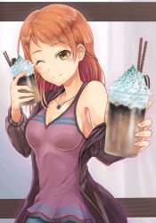 Rule 34 | 10s, 1girl, arigato (rmskrtkdlqj), bad id, bad pixiv id, bare shoulders, blurry, blush, braid, breasts, brown eyes, brown hair, cleavage, coffee, cookie, depth of field, food, foreshortening, frappuccino, hair ornament, hairclip, houjou karen, idolmaster, idolmaster cinderella girls, jacket, jewelry, long hair, looking at viewer, medium breasts, necklace, off shoulder, one eye closed, open clothes, open jacket, orange hair, outstretched arm, smile, solo, tank top, upper body, wafer stick, whipped cream