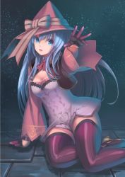 Rule 34 | 1girl, blue eyes, blue hair, breasts, chain, cleavage, fantasy earth zero, gloves, gradient background, hat, long hair, matching hair/eyes, ryouku, solo, thighhighs, wide sleeves